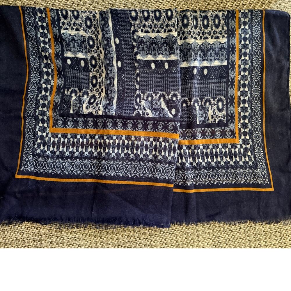 DOPPELGÄNGER NWOT ROMA Fringe Edged Multi-pattern Wrap Scarf Navy Mustard